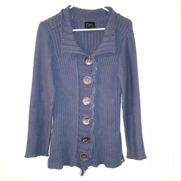 Sweaters - Anthropologie Pure Handknit Size S/M Ribbed Knit Cardigan-Metal Buttons-Fringe